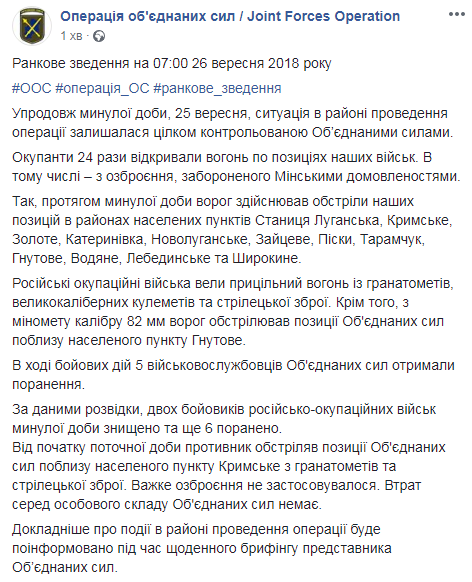 На Донбассе за сутки ранены 5 украинских военных
